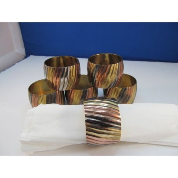 Vintage Brass Copper Silver Ribbed Napkin Ring Holders Set of 6 - Picture 8 of 13